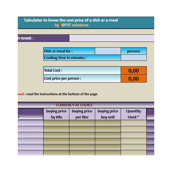 FREE calculator to know the cost price of a dish