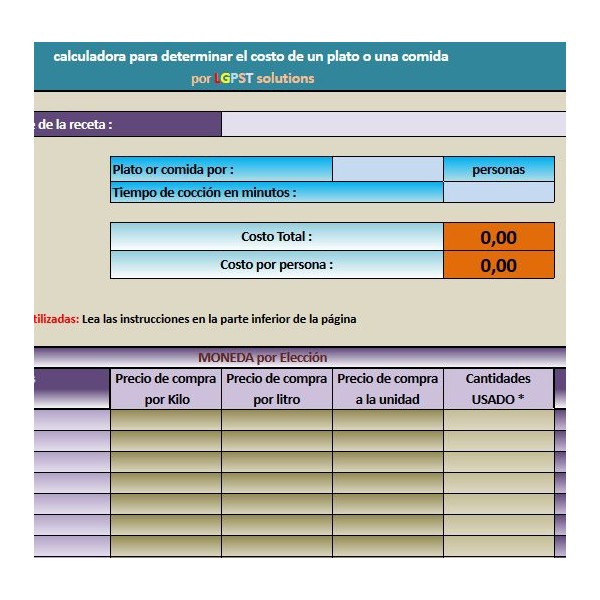 LGPST Calculadora para conocer el costó de un plato una comida versión profesional 